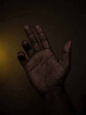 A hand held up in a dark room, mostly in shadow.