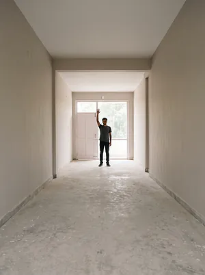 A person far down a hallway holding up one hand, too small to see its lines.