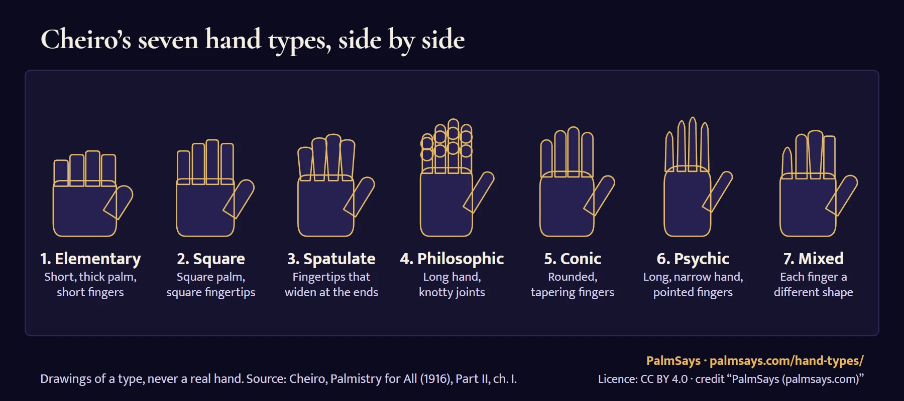 Seven drawn hand shapes side by side, from Cheiro’s Palmistry for All (1916): elementary (short, thick palm, short fingers), square (square palm, square fingertips), spatulate (fingertips that widen), philosophic (long hand, knotty joints), conic (rounded, tapering fingers), psychic (long, narrow hand, pointed fingers) and mixed (each finger a different shape).